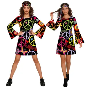 70s Hippie Disco Costume Women Retro Peace Sign Long Sleeve Dress with Matching Headband