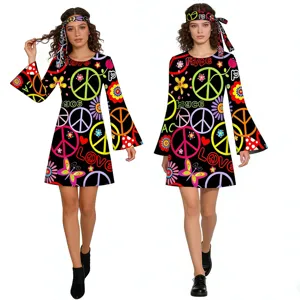 70s hippie disco long sleeve mini dress with matching headband, colorful peace sign print.