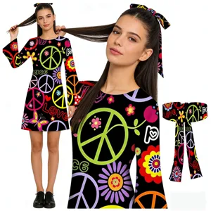 70s hippie style vintage black long sleeve dress with colorful floral peace sign print headband