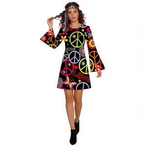 70s hippie retro disco costume dress with flared sleeves and matching headband for women.