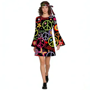 Women 1970s hippie retro long sleeve dress with matching headband disco party outfit.