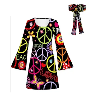 70s hippie style long sleeve dress and headband set with peace signs and floral print.