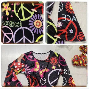 70s hippie style disco long sleeve top set detail view, retro floral peace sign print fabric.