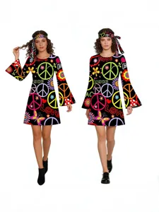 70s hippie disco long sleeve bell sleeve dress retro peace sign party costume with headband