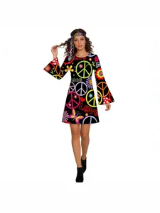 Vintage 70s Hippie Disco Dress with Headband Retro Peace Flower Print Long Sleeve Outfit