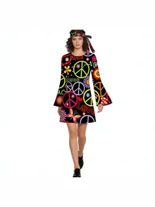1970s Retro Hippie Disco Long Bell Sleeve Dress with Headband Peace Flower Print