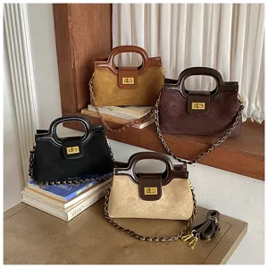 Borsa a tracolla chic in camoscio retrò con chiusura in metallo e catena, borsa elegante.