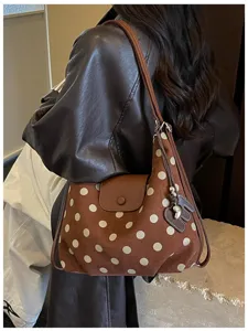 Bruine polka dot casual woon-werk schouderrugzak gedetailleerd overzicht, groot model.