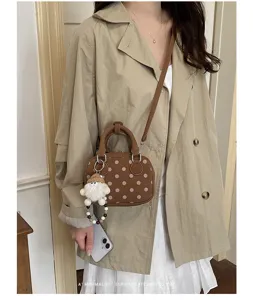 Korean vintage polka dot bowling bag women shoulder crossbody handbag with cute plush charm