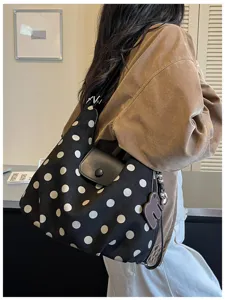 Stijlvolle zwarte en witte stippen canvas schoudertas grote capaciteit shopper tas.