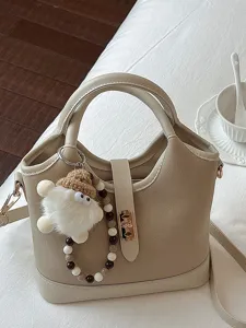 Women Urban Minimalist PU Leather Bucket Bag Patchwork Handbag Single Shoulder Bag Trendy Crossbody Bag With Cute Plush Charm