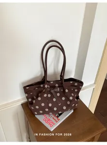 Borsa shopper in tela a pois marrone vista dettagliata, grande capacità borsa casual.