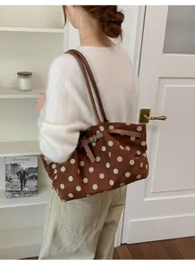 Borsa a tracolla marrone a pois da donna grande capacità elegante borsa da lavoro.