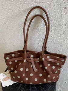 Borsa Tote da Donna a Pois in Camoscio Grande Capacità Borsa a Spalla Urban Chic per Lavoro Quotidiano Khaki Verde Marrone Caffè Nero