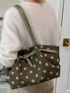 Borsa shopper verde a pois da donna, grande borsa a tracolla elegante per lavoro.