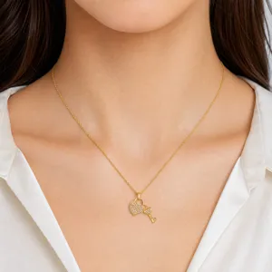 European Design Stainless Steel Gold Tone Heart Shaped Lock And Key Pendant Necklace With Micro Inlaid Zirconia Jewelry For Women
