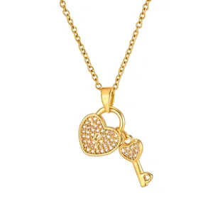 Gold stainless steel heart lock and key pendant necklace for women, elegant fashion jewelry.