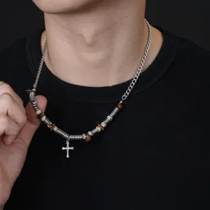 Collier pendentif croix en acier inoxydable avec perles de pierre naturelle design tendance