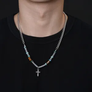 Collier pendentif croix vintage pour homme avec perles en pierre et chaîne en métal