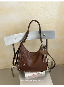 Brown large capacity PU leather shoulder bag casual commuting tote bag with chic knit pendant