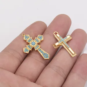 Ciondolo a Croce in Acciaio Inossidabile Con Turchese Artificiale Strass Placcato Oro 18K Gotico Fai da Te Accessori per Gioielli