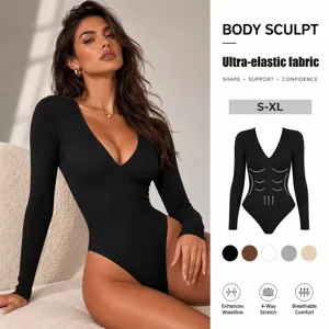 Women's Sexy V-Neck Slim Fit Long Sleeve Bodysuit Shapewear Top Seamless High Stretch Base Layer Solid Color Bodycon Jumpsuit