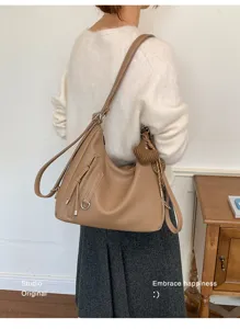 Casual khaki faux leather shoulder backpack large capacity multi-use daypack for women