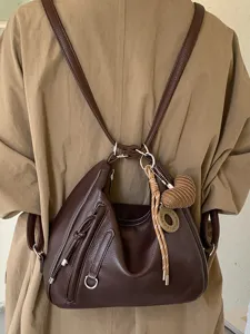 Brown leather backpack retro casual shoulder bag large capacity commuter tote bag for women