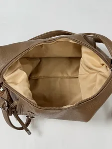 Brown leather shoulder bag, large capacity casual daily tote handbag for women commuting.