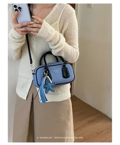 Stylish denim boston handbag, retro single shoulder crossbody pillow bag for daily use.
