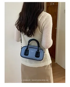 Minimalist retro Boston handbag, stylish denim patchwork shoulder crossbody bag for women.