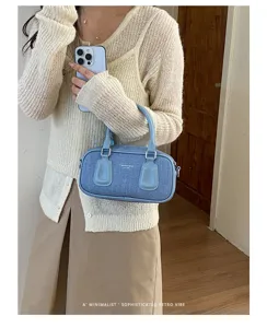 Light blue denim boston handbag for women, vintage shoulder crossbody pillow bag with top handles.