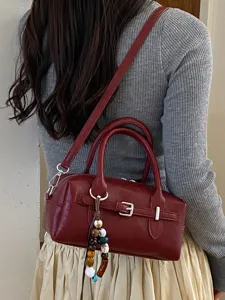 Women wine red bowling shoulder bag retro stylish top handle crossbody bag daily fashion handbag
