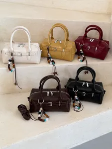Stylish women bowling handbag PU leather shoulder crossbody bag with bead pendant charm