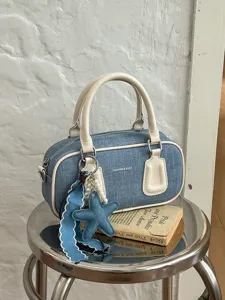 Women Retro PU Boston Handbag Denim Texture Pillow Bag Vintage Shoulder Crossbody Bag For Women Daily Work Office Travel Gift