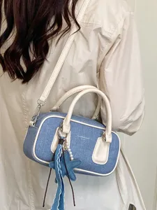 Stylish denim boston handbag for women, retro crossbody shoulder bag with star charm.
