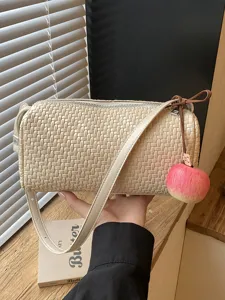 Dames Geweven Patroon PU Leer Onderarmtas Cilindrische Schoudertas Crossbodytas Met Appelhanger Minimalistische Forenzentas