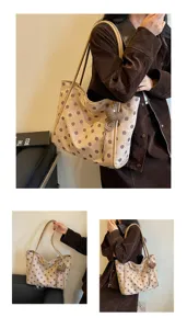 Sac cabas élégant à pois pour femme, grand sac bandoulière de trajet avec pendentif cœur.