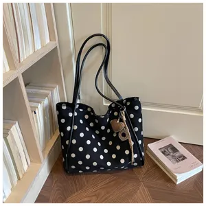 Sac cabas fourre-tout en toile à pois noirs et blancs, grand sac décontracté pour femmes.