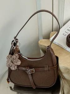 Bolso de Media Luna para Mujer de Piel Sintética PU con Textura Tejida Bolso de Hombro de Axila Pequeño Bolso Bandolera con Flor