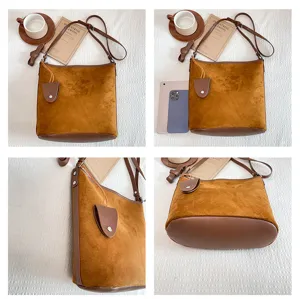 Borsa secchiello retro in camoscio donna borsa a tracolla casual elegante borsa vintage