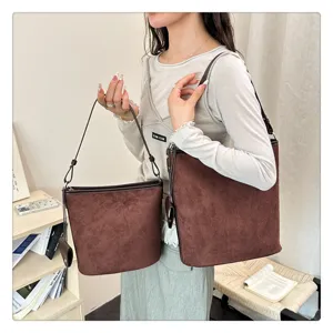 Donna vintage marrone camoscio borsa secchiello casual tracolla spalla elegante borsa