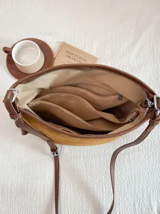 Borsa a secchiello vintage in camoscio marrone con scomparti multipli per donna casual