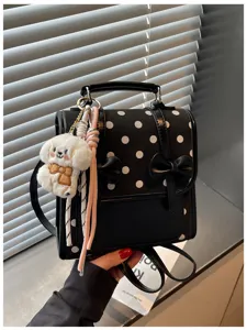 Korean vintage preppy style polka dot backpack with cute dog pendant fashion daily bag