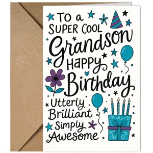 Detailed close-up of a creative birthday greeting card for grandson with cute illustrations.