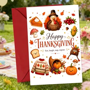 Thanksgiving greeting card with cute turkey pumpkin design and red envelope for holiday wishes.