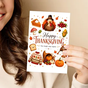 Thanksgiving greeting card detailed view, cute turkey and pumpkin design, festive autumn gift.