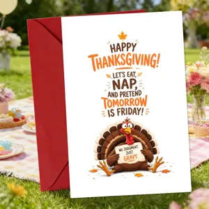 Primo piano del biglietto augurale del Thanksgiving con tacchino divertente e busta rossa