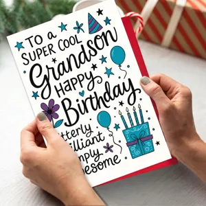 Creative birthday greeting card for grandson with cute illustrations, perfect for warm wishes.