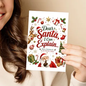 Weihnachtsgrußkarte mit lustigem Weihnachtsmann und Rentier für festliche Geschenke und Deko